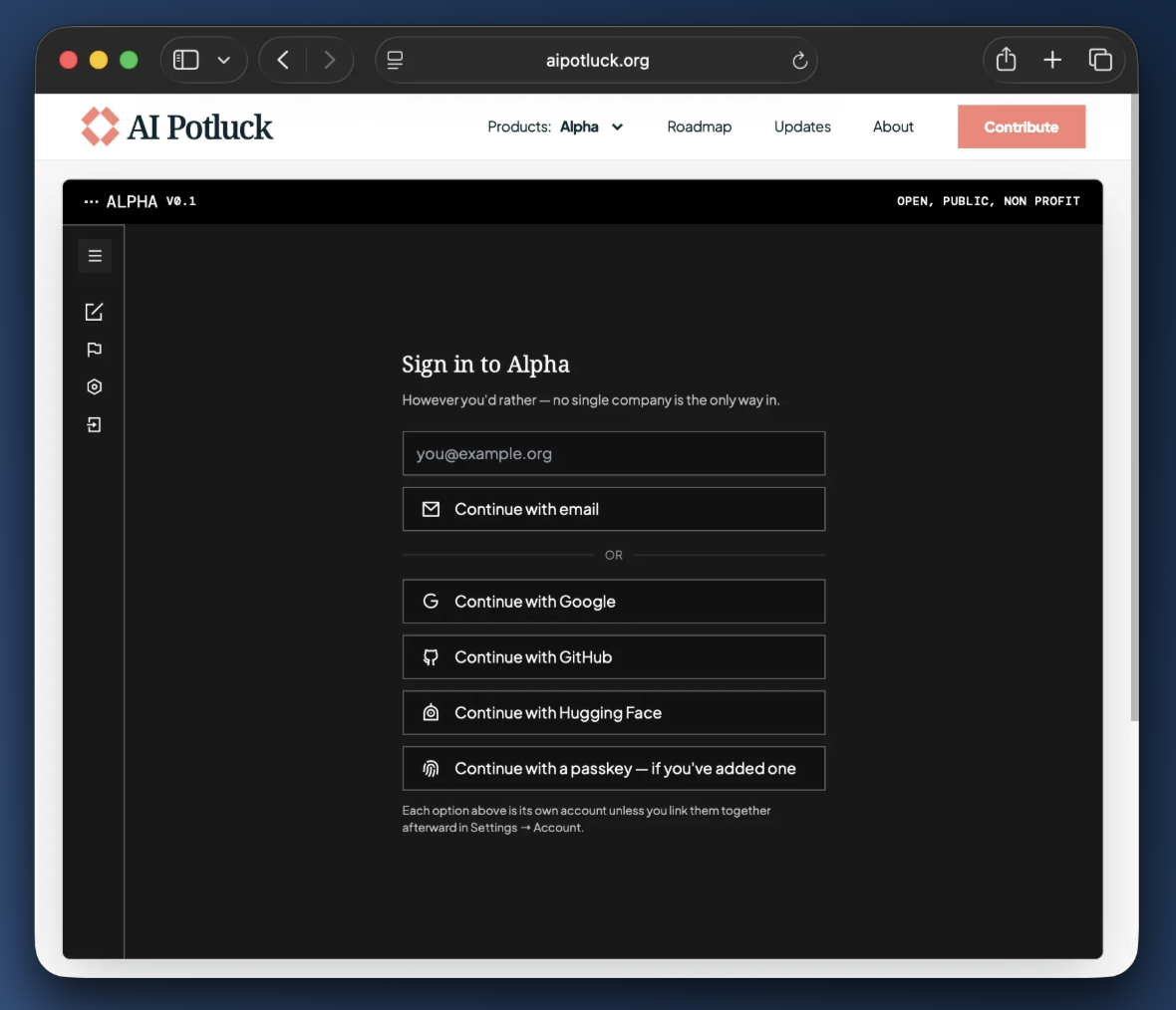 Screenshot of a signin page on Alpha